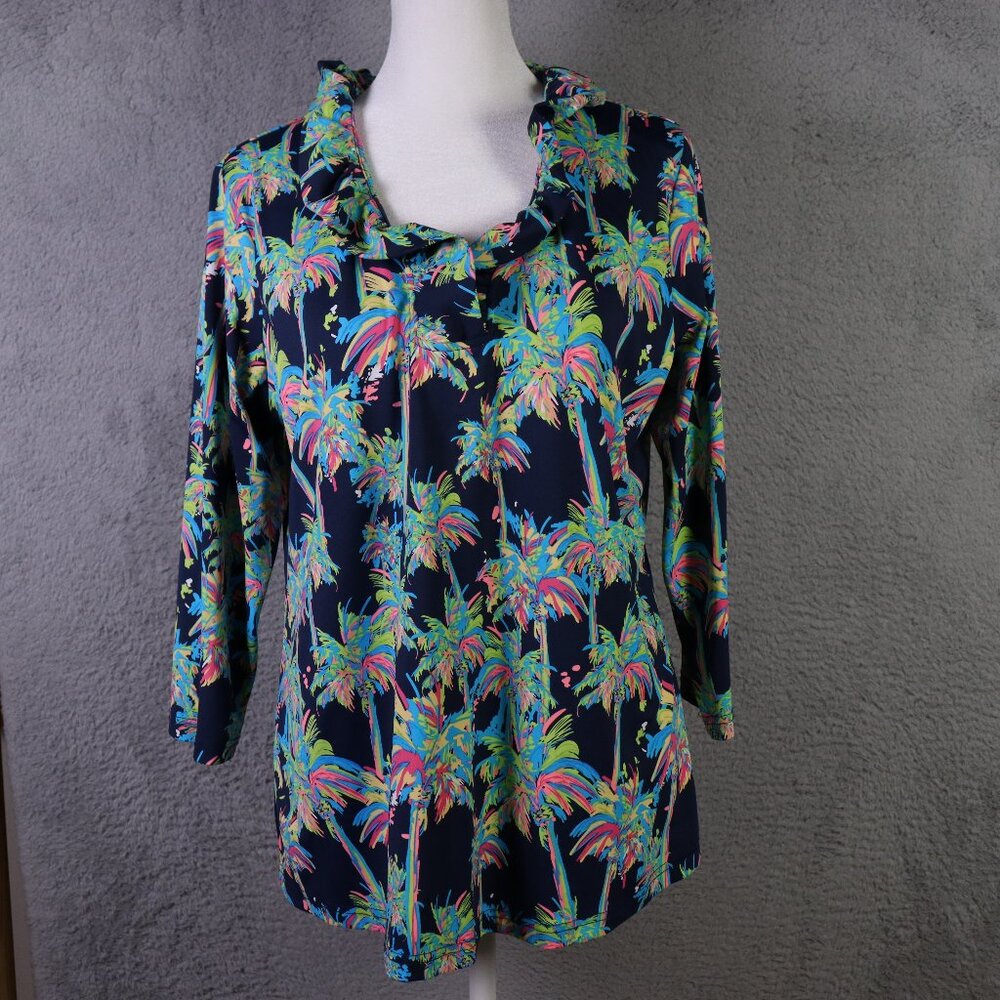 Anthony’s Resort Wear Top Womens M Blue Multicolor Palm Tree Ruffle V Neck